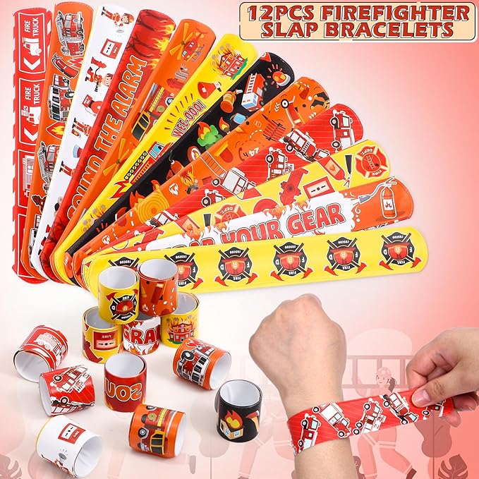 98 Firefighter Party Favors Fire Truck Birthday Supplies Straw Bubble Slap Bracelet Keychain Sticker Kid Boy Toy Accessories Fireman Party Decorations Gift Prize Goodie Bags Stuffers