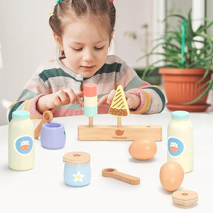Pillowahle Wooden Play Food for Toddler 3+ Year Old, Kid Toy Food, Pretend Food with Milk Yogurt Egg Ice Cream Toy, Kids Play Kitchen Accessories, Gift for Boys Girls