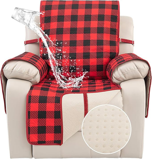 TOMORO Non-Slip Quilted Recliner Cover, 100% Waterproof Recliner Chair Slipcover Furniture Protector with Pockets, Washable Couch Cover with Elastic Straps for Kids and Pets，23 Inch