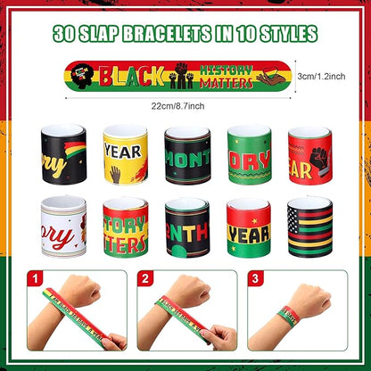 Frienda 60 Pcs Black History Month Party Favors Black History Slap Bracelets and Badge Pins for Freedom Day Patriotic Party Supplies for Black American Independence Day 1865 Juneteenth Decor
