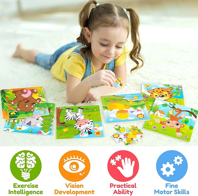 SYNARRY 6 Pack Wooden Jigsaw Puzzles for Kids Ages 2-5 Years Old, 9 Pieces Toddlers Animal Puzzles, Educational Preschool Learning Toys for Children Boys and Girls, Best Kids Puzzle Toys & Gifts
