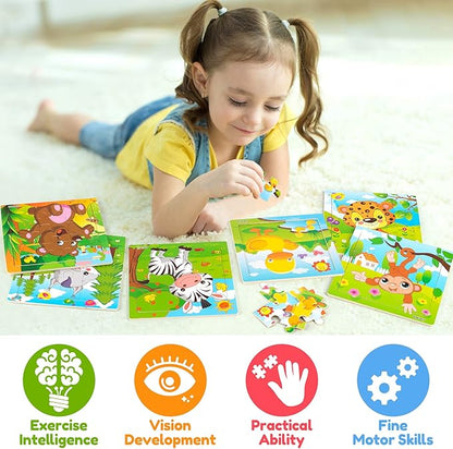 SYNARRY 6 Pack Wooden Jigsaw Puzzles for Kids Ages 2-5 Years Old, 9 Pieces Toddlers Animal Puzzles, Educational Preschool Learning Toys for Children Boys and Girls, Best Kids Puzzle Toys & Gifts