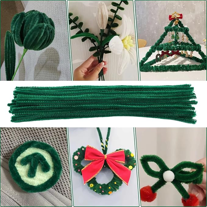 60 Pieces Green Pipe Cleaners, Christmas Craft Pipe Cleaners,Pipe Cleaners Chenille Stem,Pipe Cleaners Bulk,Art Pipe Cleaners for Creative Home Decoration Supplies Arts and Crafts Project