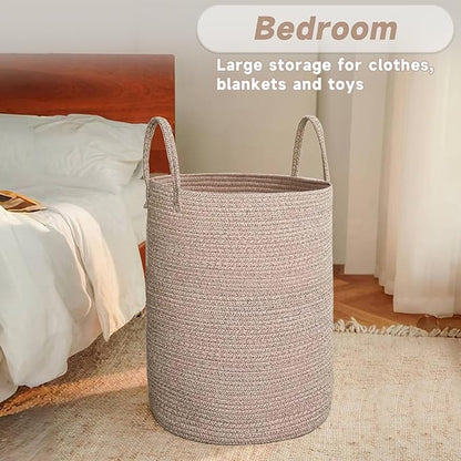 JMvicyroam Large Woven Laundry Basket Hamper,80L Cotton Rope Storage Bin for Blankets,Toys and Clothes,Decorative Tall Nursery Hamper for Living Room,Baby Nursery,Bathroom and Bedroom,Oatmeal
