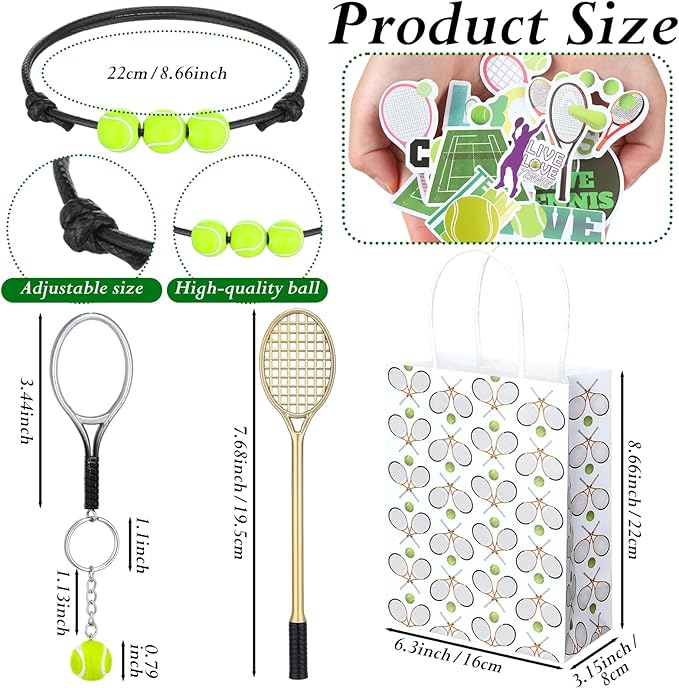 98 Pcs Tennis Party Favors, Tennis Party Decorations Includes 50 Tennis Stickers 12 Mini Tennis Racket Keychain 12 Tennis Charm Bracelets 12 Tennis Racket Shape Pens 12 Party Paper Bags