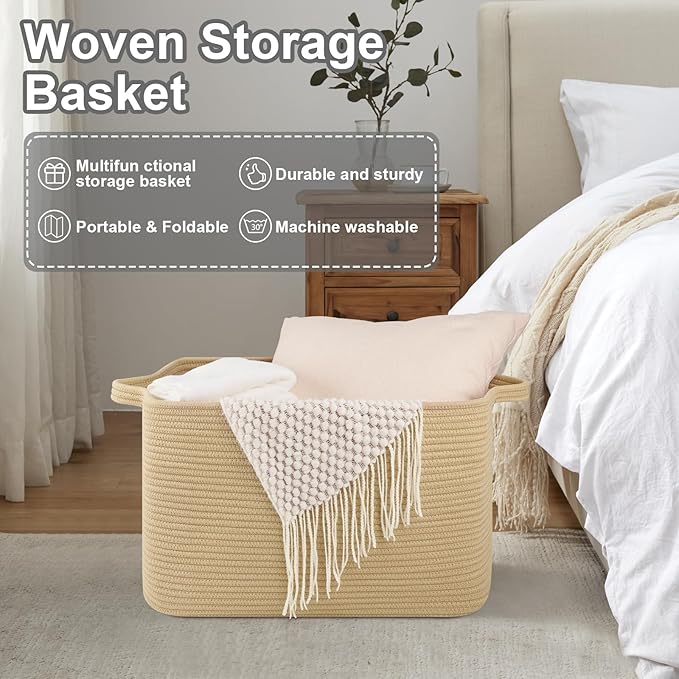 OIASKET Large Blanket Basket, Jute Blanket Storage Living Room, Rectangle Woven Baskets for Storage Toys, Towels, Dirty Clothes Organizer Bins (Jute) (Pack of 2)