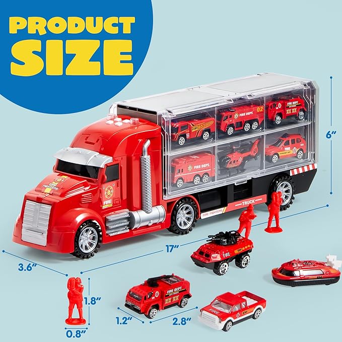 JOYIN 25 in 1 Fire Truck Vehicle Toy Set with Sounds and Lights, Fire Engine Vehicles in Carrier Truck, Mini Rescue Emergency Car Toy, Birthday Gifts for Over 3 Years Old Boys, Easter Basket