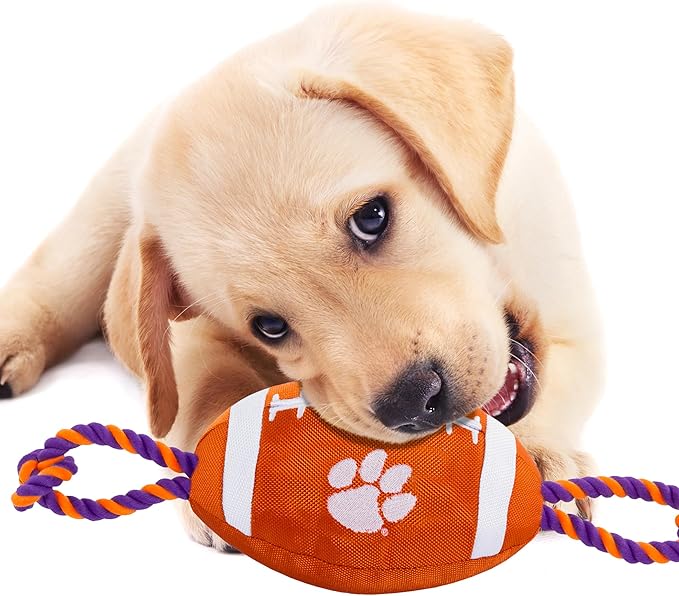 Pets First NCAA Clemson Tigers Football Dog Toy, Tough Quality Nylon Materials, Strong Pull Ropes, Inner Squeaker, Collegiate Team Color