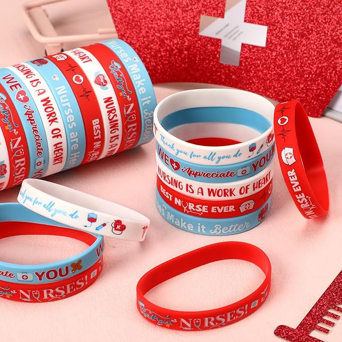 JUNEBRUSHS 42pcs Thank You Nurse Party Favors Silicone Bracelets Graduate Inspirational Rubber Wristbands Accessories for Nurse Appreciation Week Decorations Party Favors Supplies(6 Designs)