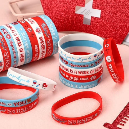 JUNEBRUSHS 24Pcs Nurse Inspirational Silicone Rubber Wristbands Bracelets for Nurse Appreciation Week Decorations Party Favors Supplies(6 Designs)