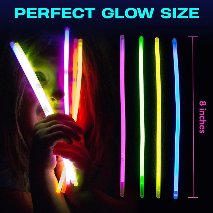 Glow Sticks 500 Bulk Pack - 100 Pcs Per Pack - 12 Hour Glow Stick - 8" Necklace Bracelet and Glasses Party Favors - Thanksgiving and Christmas Party - Outdoor Concerts - Festivals - Nighttime Sport