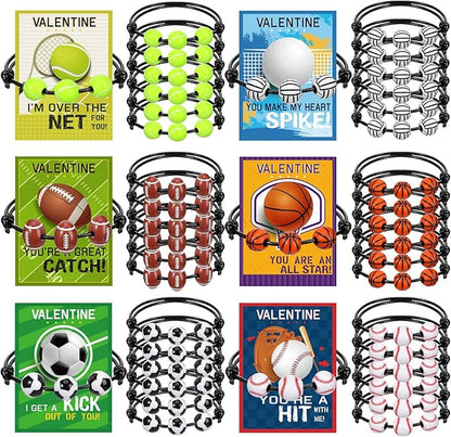 36 Pack Valentines Day Sports Gift Set Include Sports Valentine's Day Cards Adjustable Sport Party Charm Bracelet for Classroom Exchange Prizes Kids Party Favor Teens Adults Sports Team Greeting Favor