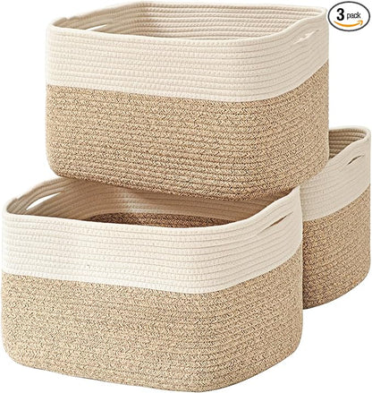 ICERZCZ Large Storage Baskets for Organizing Shelves, Woven Cotton Rope Bins for Baby Nursery Organization, Book Toy Towel Organizer, 17"x13"x9.5", 3 Packs, Off White & Brown