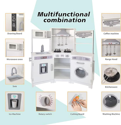 TaoHFE Corner Play Kitchen with Lights and Sounds White Kitchen Kids Toddler Kitchen Set with Washer Chalkboard Wooden Kitchen Kids Playset with Washing Machine Range Hood Girls Boys Gift for Ages 3+