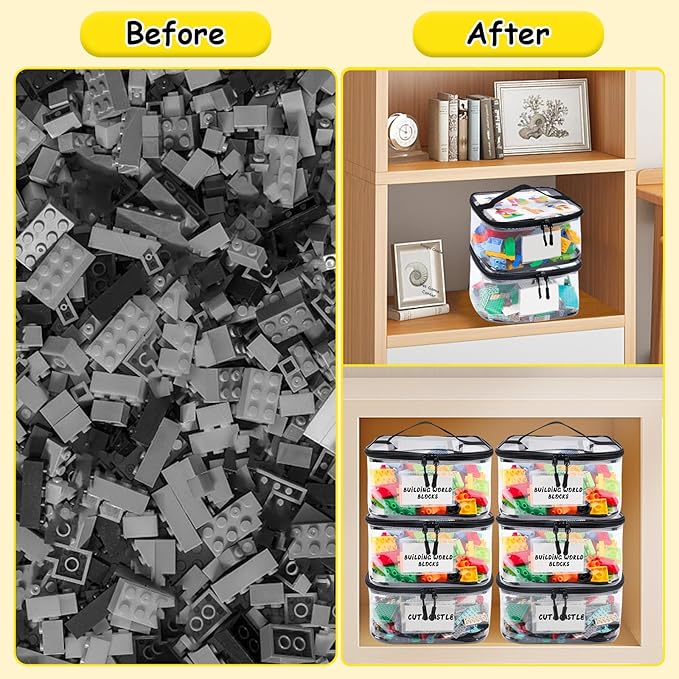 Tesuko 6 Pack Clear Toy Storage Bag with Name Tag& Manual Pocket, Waterproof Transparent PVC Toy Organizer Case for Lego Bricks, Board Games, Building Blocks, Puzzles (Large Capacity, Black)