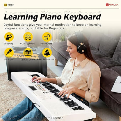 Vangoa Piano Keyboard for Beginners, VGK6101 61 Key Learning Keyboard Piano w/Lighted Keys, Electric Piano Keyboard with 600 Voices & 50 Demos, Stand/Microphone, USB, Record, Split for Students