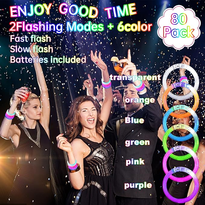 80 Pack LED Bracelets,6 Color Glow Bracelet Glow in The Dark Bracelets,Flashing Light Up Bracelet for Adults,Glow Stick Bracelet for Concerts Festivals Carnival Rave Neon Party Supplies