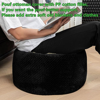 Round Stuffed Pouf Ottoman 20x20x12 Inches Faux Fur Ottoman Foot Rest Under Desk Foot Stool Great for Living Room Bedroom Small Furniture (Black)