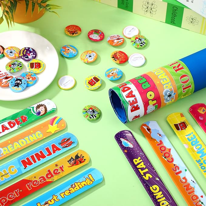 Frienda 60 Pcs Love to Read Slap Bracelets with Button Pins Reading Bracelets Badges for Classroom Teacher Rewards Prize Sunday School Party Gifts