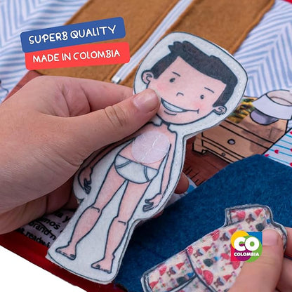 Routines 11 Pages Quiet Book for 3+ Year Old Boys and Girls | Bilingual Soft Book | Preschool and Early Learning | Montessori Fabric Book for Toddlers | Play and Learn Toy | 14 Pieces Included.