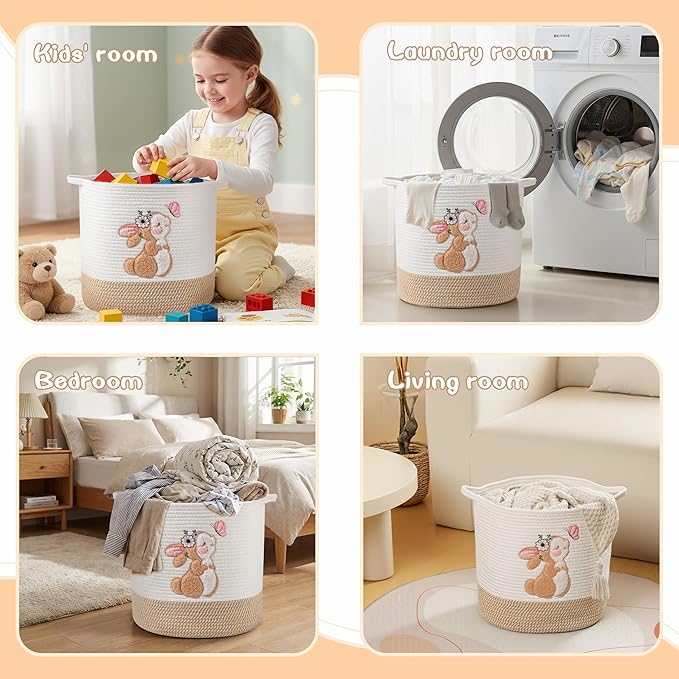 INough Toy Storage Baskets Woven Cotton Rope Storage Basket for Kids, Blanket Baskets for Living Room Stuffed Animal Storage Toys Organizer with Embroidery Decor, Cute Baskets for Nursery (Bunny)