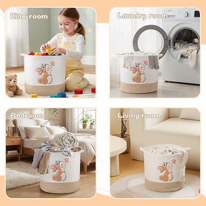 INough Toy Storage Baskets Woven Cotton Rope Storage Basket for Kids, Blanket Baskets for Living Room Stuffed Animal Storage Toys Organizer with Embroidery Decor, Cute Baskets for Nursery (Bunny)