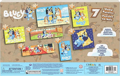 Bluey, 7 Wood Puzzles Jigsaw Bundle 12-Piece 16-Piece 24-Piece Easy Cartoon Disney Jr. Show with Storage Tray, for Kids Ages 4 and up