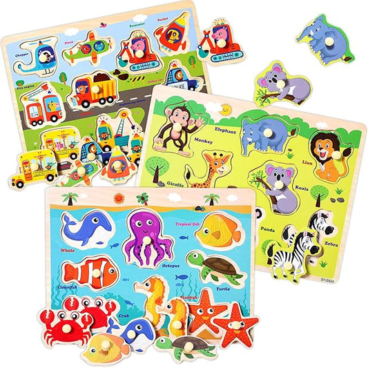 Wooden Peg Puzzles for Toddlers 2 3 4 Years Old, Kids Educational Preeschool Peg Puzzles Toy, 3 Pcs Toddler Puzzles Set - Traffic, Animals and Ocean, Great Gift for Girls and Boys (First Edition)