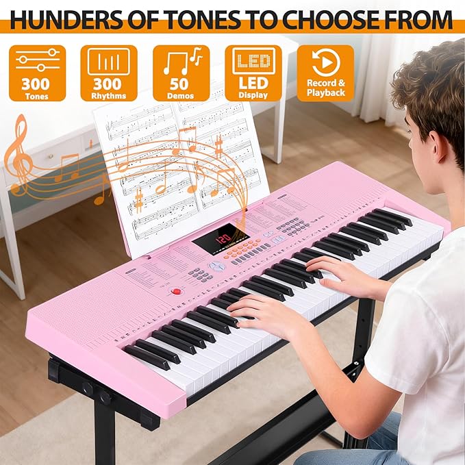 Smartxchoices 61-Key Electronic Keyboard Piano Stand Portable LED Display Keyboard Kit with Adjustable Stand, Adjustable Stool, Headphones, Microphone & Music Rest, Pink