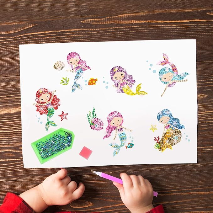 Gem Diamond Art Painting Stickers Kit for Kids,5D Diamond Mosaic Stickers by Numbers Kits Crafts Set for Children, Boys and Girls,Creative Handmade Art Craft Decorations Gift (Mermaid)