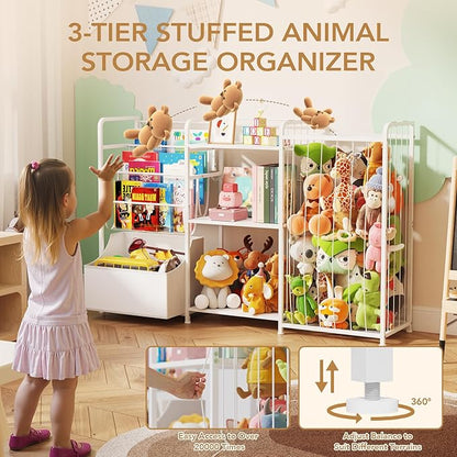 BBLIKE 3in1 Stuffed Animal Storage Organizer - Toy Storage with Kids Bookshelf & Large Plushies Holder for Kids Room - Multi-Functional Furniture for Nursery, Bedroom, and Playroom, White