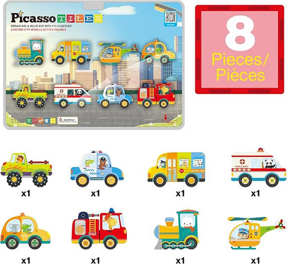 PicassoTiles 8pc Metro City Vehicle Magnet Building Block Set with Magnetized Action Figures Compatible with Magnetic Tile Kits STEAM Educational Construction Playset for Boys Girls Age 3 Plus PTA24