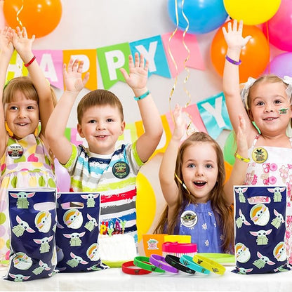 98Pcs Birthday Party Supplies, Baby birthday decorations Favors Set Include 12 Bracelets, 12 Button Pins, 12 Key Chains, 12 Gift Bags and 50 Stickers