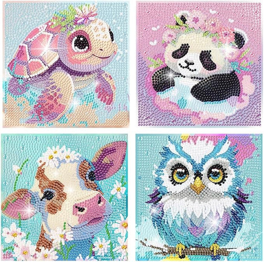 FQOVKYN 4 Packs 5D Cartoon Diamond Art Kits for Kids, Cute Animals DIY Diamond Arts Mosaic Kits for Adults Beginner, Full Round Drill Gem Art for Home Wall Decor Kids Present 6X6 inch