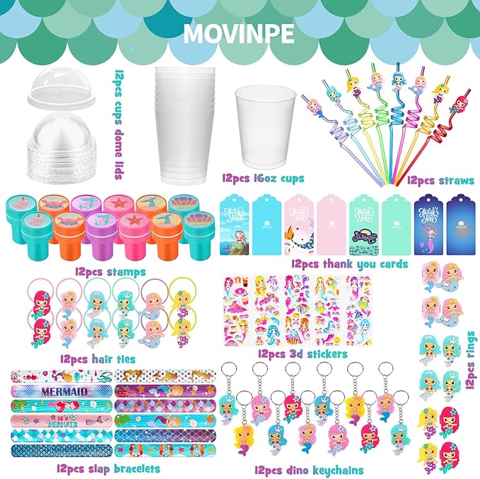 MOVINPE Mermaid Party Favors Personalize Goody Cups with Gift Tags, Filled with Mermaid Themed Reusable Straws Stampers Slap Bracelets Keychains Hair Ties Rings 3D Stickers for Girls