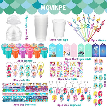 MOVINPE Mermaid Party Favors Personalize Goody Cups with Gift Tags, Filled with Mermaid Themed Reusable Straws Stampers Slap Bracelets Keychains Hair Ties Rings 3D Stickers for Girls