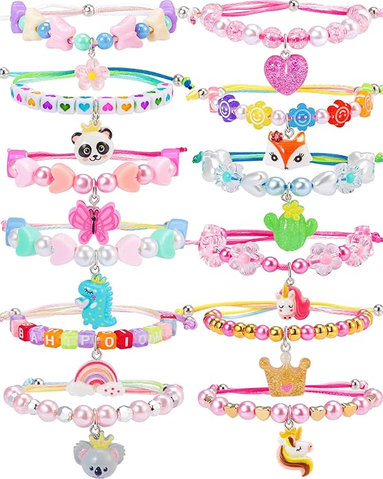 PinkSheep Friendship Bracelets Little Girl Jewelry, 12PCS Girls Bracelets for Kids, Baby Adjustable Multicolor Woven Pretend Play Bracelet Bulk Bracelet