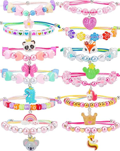 PinkSheep Friendship Bracelets Little Girl Jewelry, 12PCS Girls Bracelets for Kids, Baby Adjustable Multicolor Woven Pretend Play Bracelet Bulk Bracelet