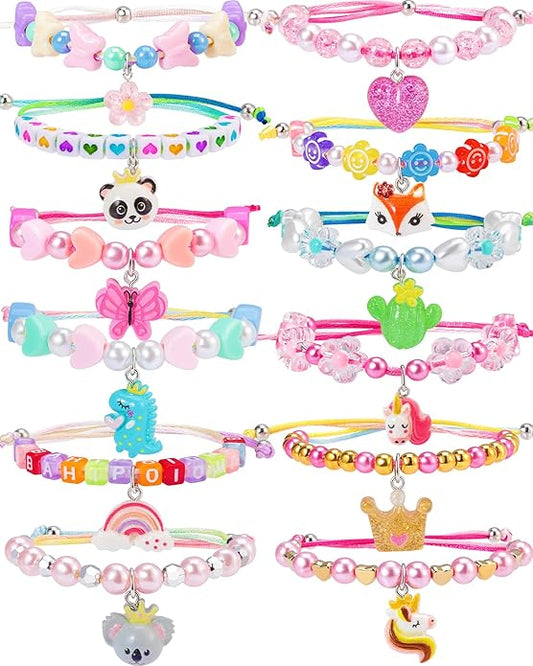 PinkSheep Friendship Bracelets Little Girl Jewelry, 12PCS Girls Bracelets for Kids, Baby Adjustable Multicolor Woven Pretend Play Bracelet Bulk Bracelet
