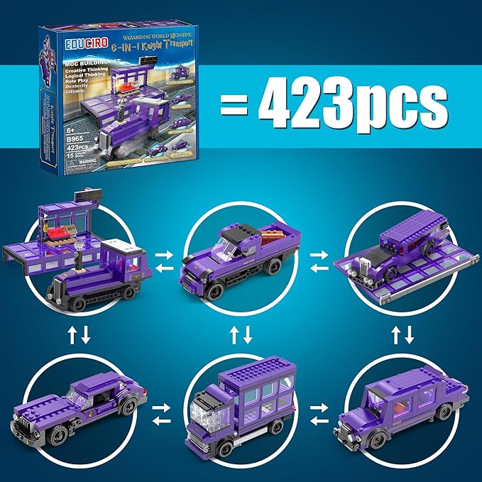 Educiro Harry World 6 in 1 Car Toys Building Set Gifts for Kids, Girls, and Boys Ages 6-12 (423pcs),Sports Car,Van Truck,Harry's Truck,Knight Lxury Car,Wagon,Magic Express