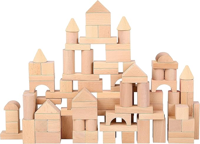 Pidoko Kids Wooden Blocks - 100 Pcs - Building Blocks for Toddlers - Includes Storage Container with Shape Sorter Lid - Natural Beech Wood Blocks - Preschool Learning Toys Stacking Block