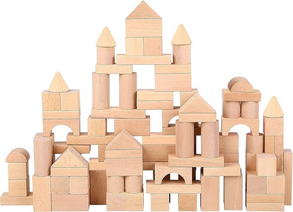 Pidoko Kids Wooden Blocks - 100 Pcs - Building Blocks for Toddlers - Includes Storage Container with Shape Sorter Lid - Natural Beech Wood Blocks - Preschool Learning Toys Stacking Block