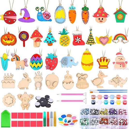 36 Pcs Wooden Magnets DIY Kit Wooden Art Craft Hanging Ornament Painting Craft Kit Gifts for Kids Boy Girl Easter Crafts Toys Basket Goodie Bag Stuffers