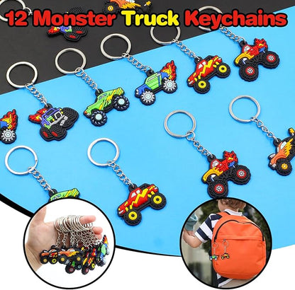 110 PCS Monster Truck Party Favors Birthday Supplies with Drinking Straws, Silicone Bracelets, Bubble Wands, Keychains, and Monster Truck Pinata for Boys Goodie Bag Stuffers