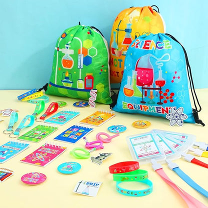 Zhanmai 140 Pcs Science Party Favors Include 12 Keychain 18 Mini Notebooks 50 Science Stickers 12 Bracelets 12 Science Name Badge 12 Drawstring Bags 12 Bendable Pencils 12 Button Pins for Kids Party