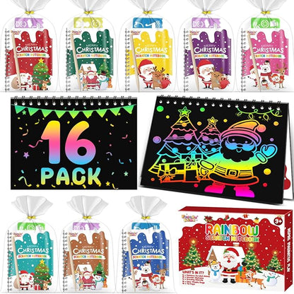 FEREDO KIDS Party Favors for Kids: 16 Pack Christmas Rainbow Scratch Art Notebook Classroom School Supplies Bulk for Girls Boys Goodie Bags Stuffers, Return Gifts for Birthday Party Gift Kid Crafts