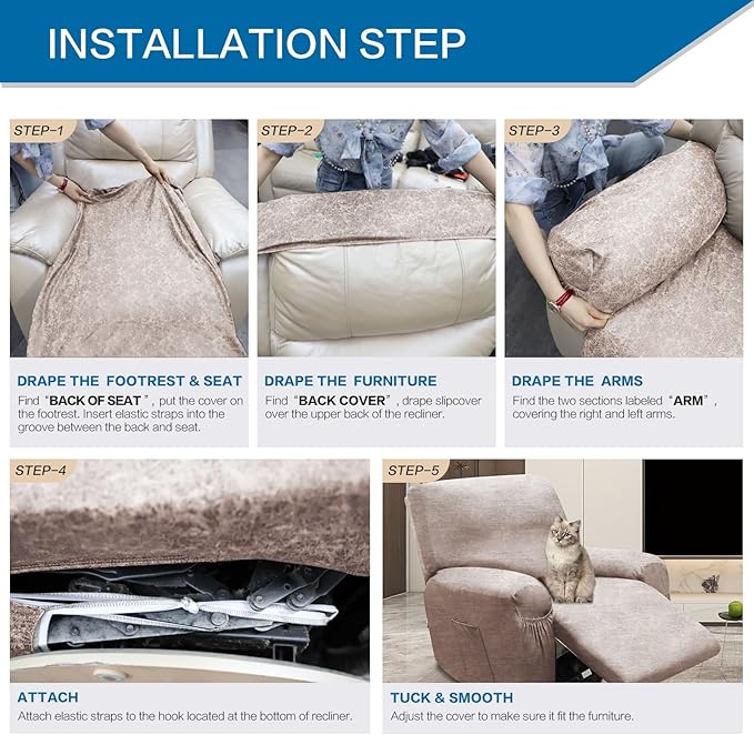 Like Leather Recliner Chair Covers, 4 Pieces Lazy Boy Recliner Cover That Stay in Place, Soft Stretch Leather Grain Covers for Recliner Covers for Large Recliner Slipcover (Beige 4)