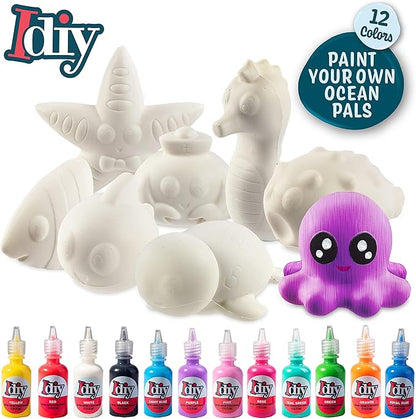 Idiy DIY Party Craft Kit Jumbo Ocean Pals Squishies (8 Unique Sea Animals w 12 Fabric Paints) -White Kawaii Scented Slow Rise Squishy Toys, Scented Stress Relief, Kids Birthday Activity Gift (4"-6")
