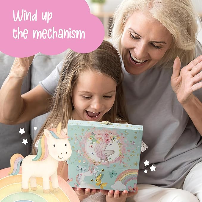 The Memory Building Co Unicorn Musical Jewelry Box Plays Classic Melody, Storage Organizer Music Box for Kids Ages 6-12, MDF Wood w/ 2 Fabric Lined Ring Bracelet Necklace Treasure Compartments