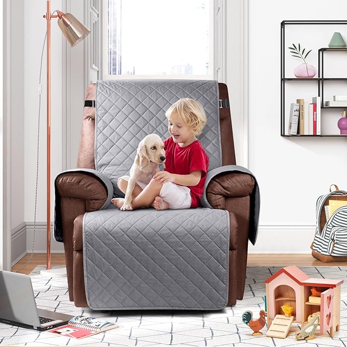 KinCam 100% Waterproof Recliner Chair Cover, Reclining Couch Covers for Pets, Dogs, Recliner Couch Slipcover Furniture Protector with Elastic Straps for Kids(28", Light Gray)